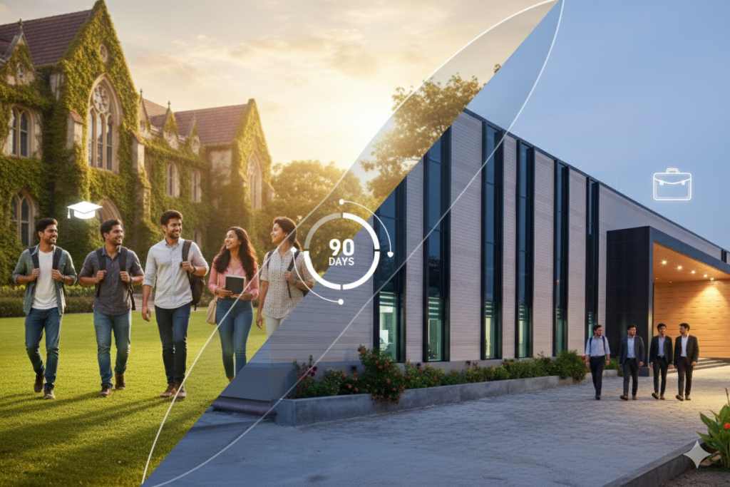 Students moving from a college campus to the Esskay Structures corporate office for a 90-day career journey.